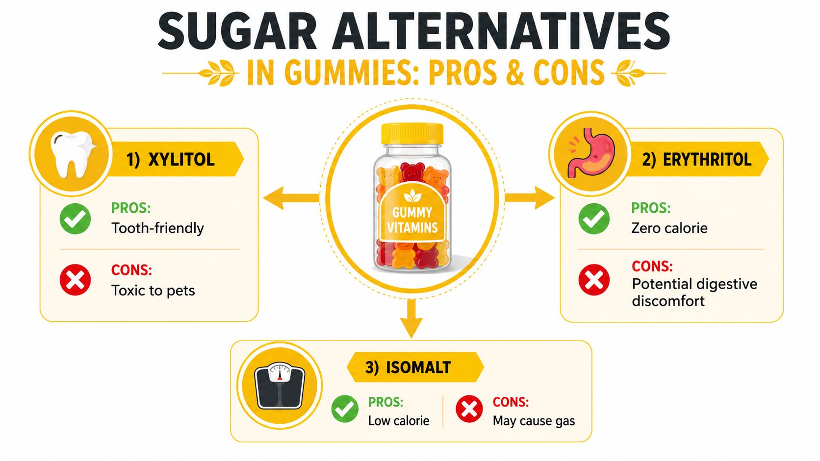 An infographic showing pros and cons of using Xylitol, Erythritol, and Isomalt as sugar alternatives in gummies.