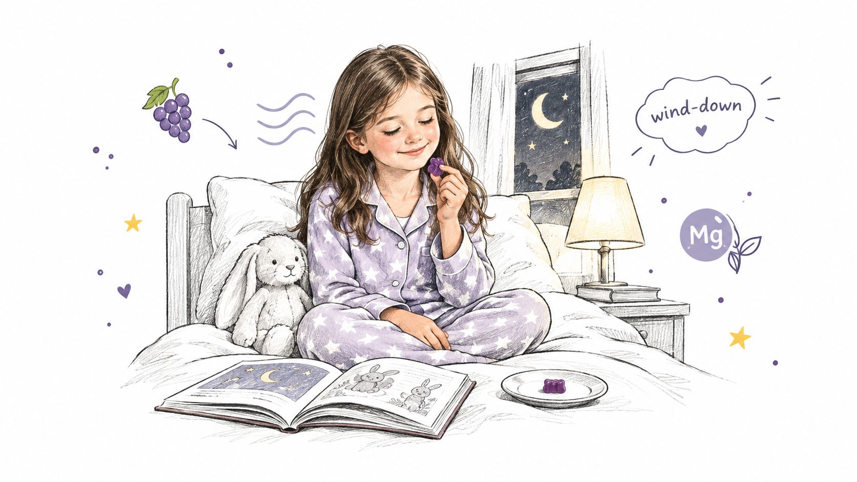 A young girl in star-patterned pajamas sitting in bed with a plush rabbit, eating a gummy vitamin.