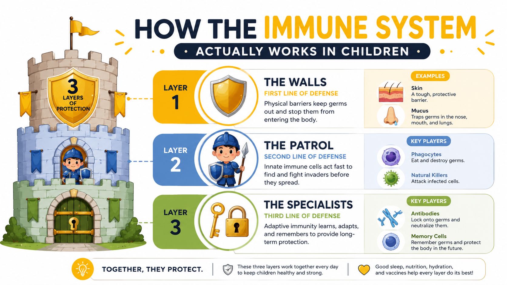 An educational infographic illustrating the three layers of the human immune system using a castle metaphor.