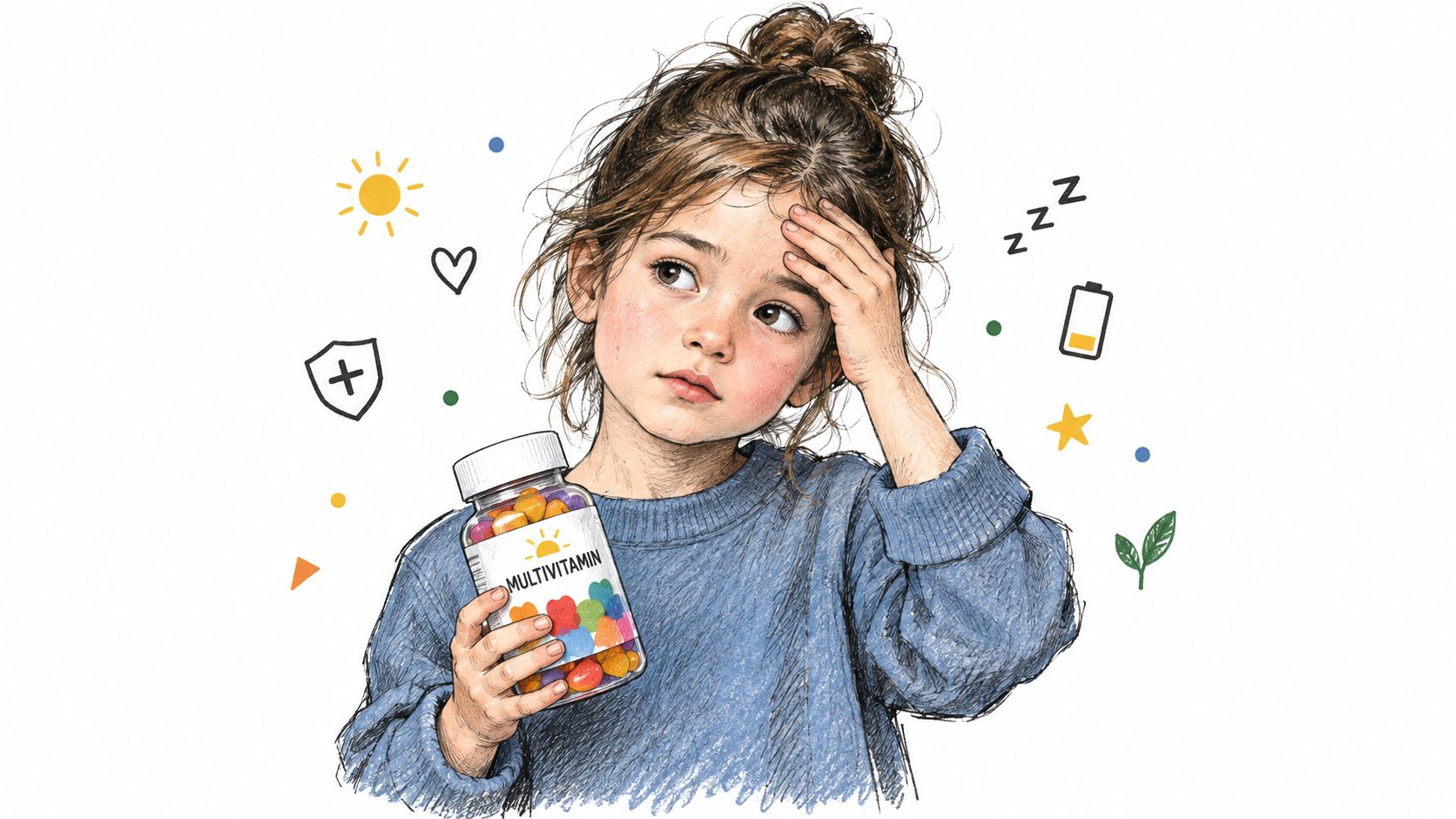 A tired-looking child holding a bottle of colorful multivitamin gummies, surrounded by illustrated health and wellness icons.