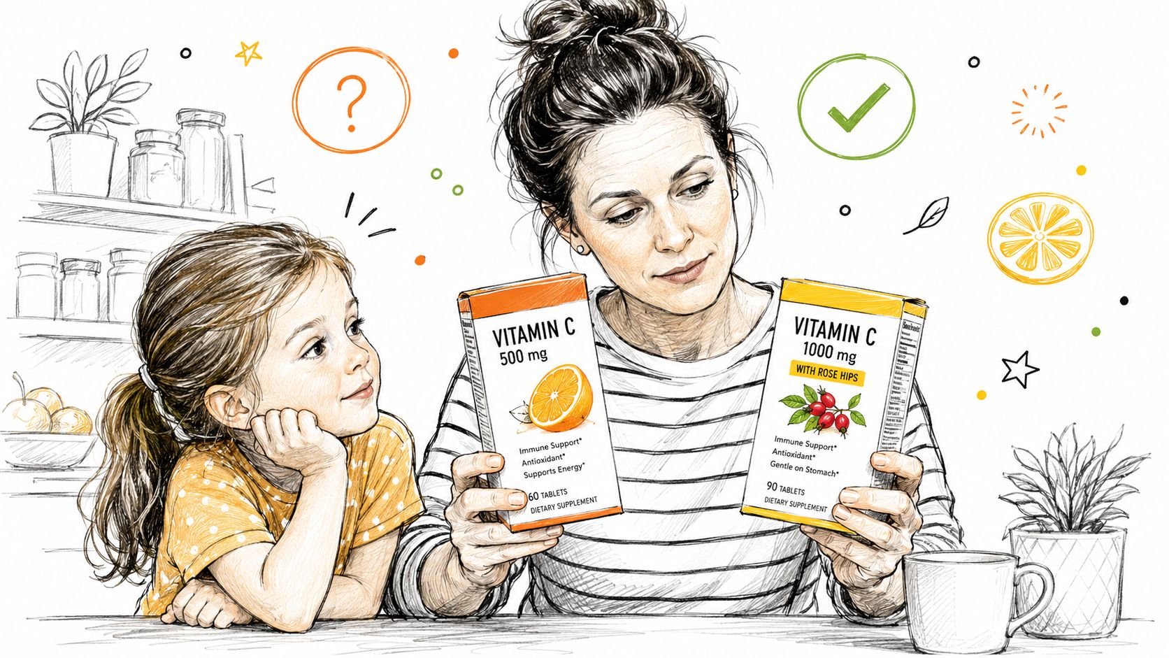 A woman and a young child comparing two different boxes of vitamin C supplements on a table.