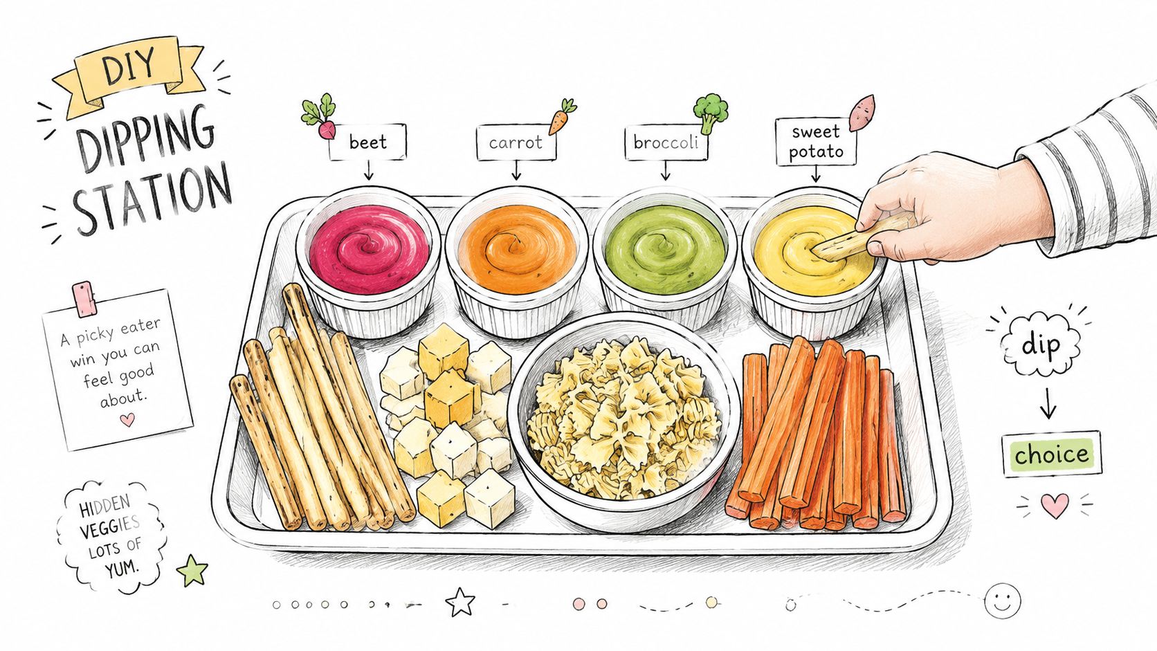 A hand dipping a stick into a bowl of sweet potato sauce on a tray with vegetables.