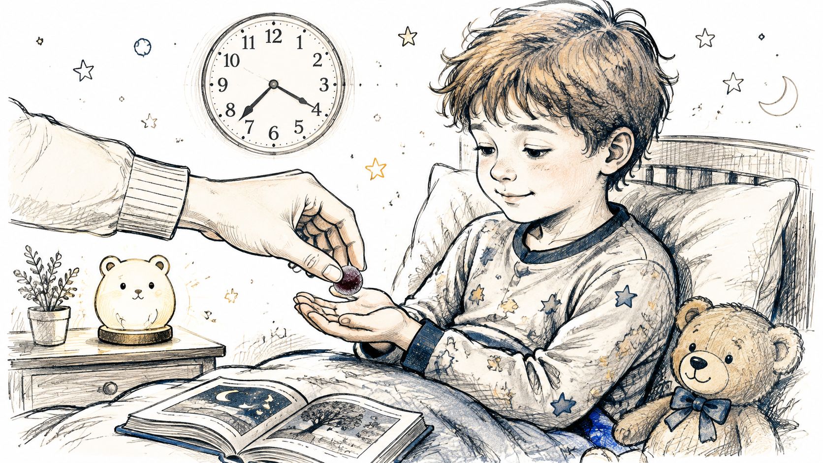 A child lying in bed reading a book while receiving a supplement from a parent at night