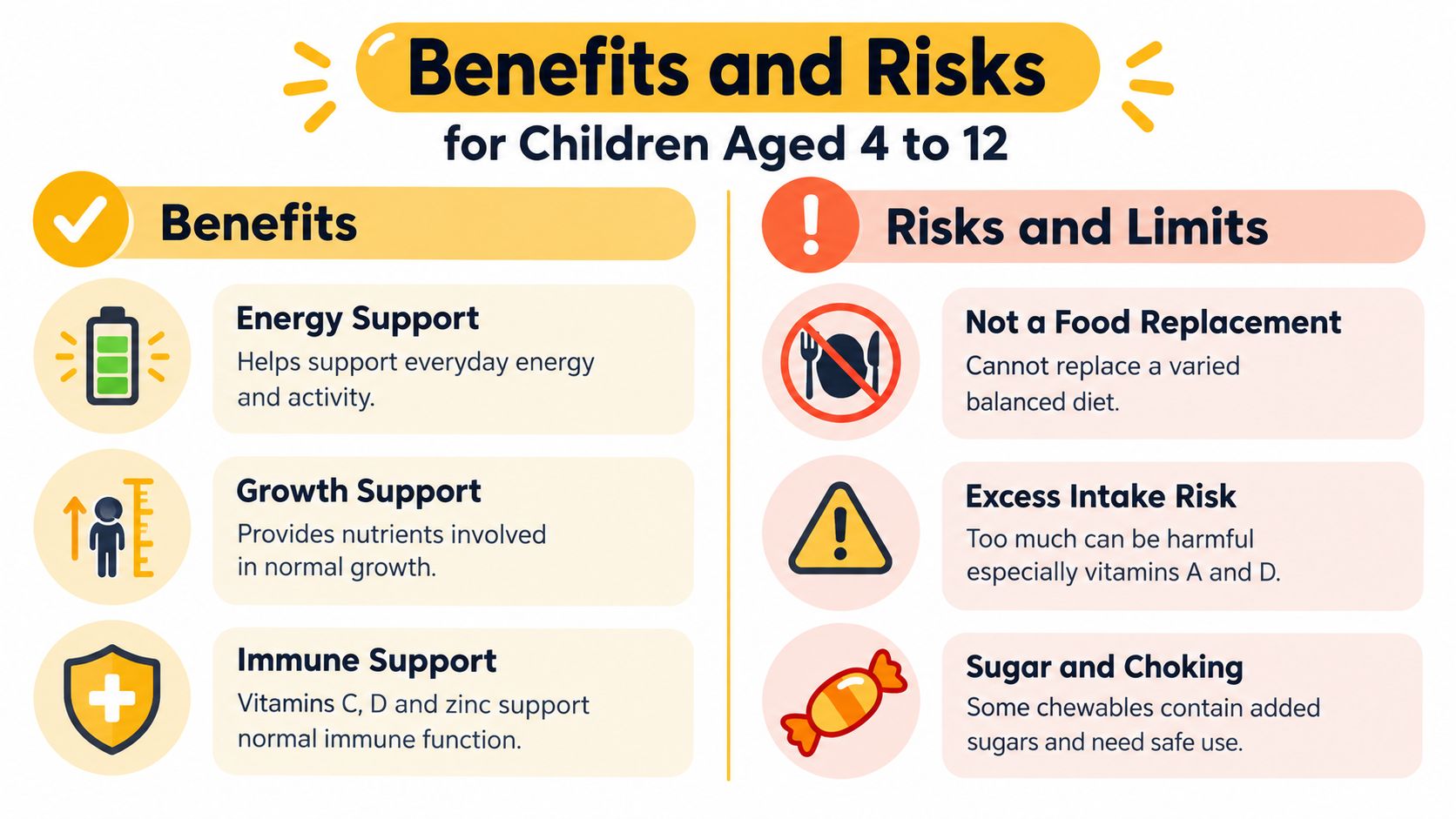 An infographic detailing the benefits and risks of chewable multivitamins for children aged 4 to 12.