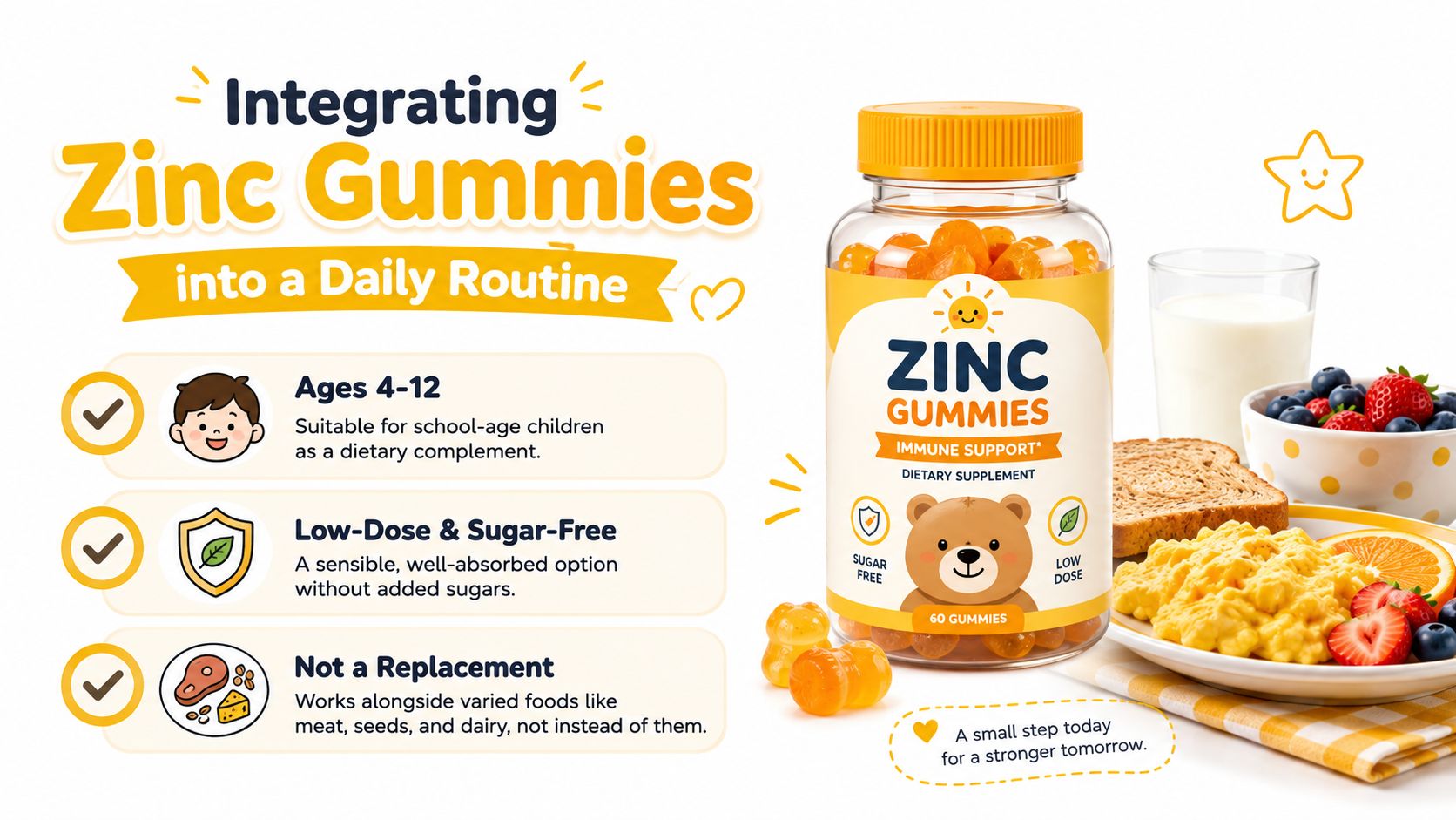 A visual guide for incorporating zinc gummies into a child's daily routine, highlighting age, dosage, and dietary balance.