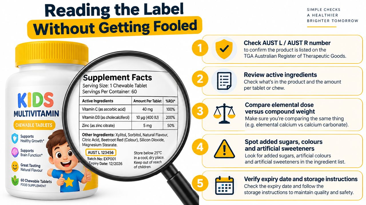 An infographic titled Reading the Label Without Getting Fooled, showing how to check supplement facts and ingredients.