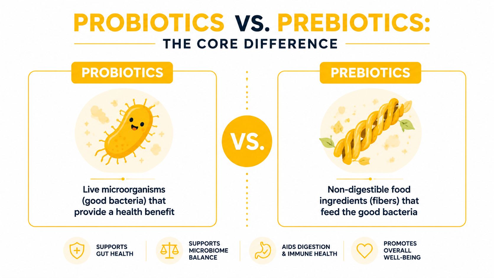 An infographic comparing probiotics as live good bacteria and prebiotics as non-digestible fiber food sources.
