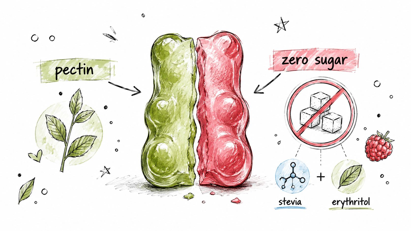 A diagram illustrating the key ingredients of healthy gummies, highlighting pectin, stevia, and erythritol for a sugar-free snack.