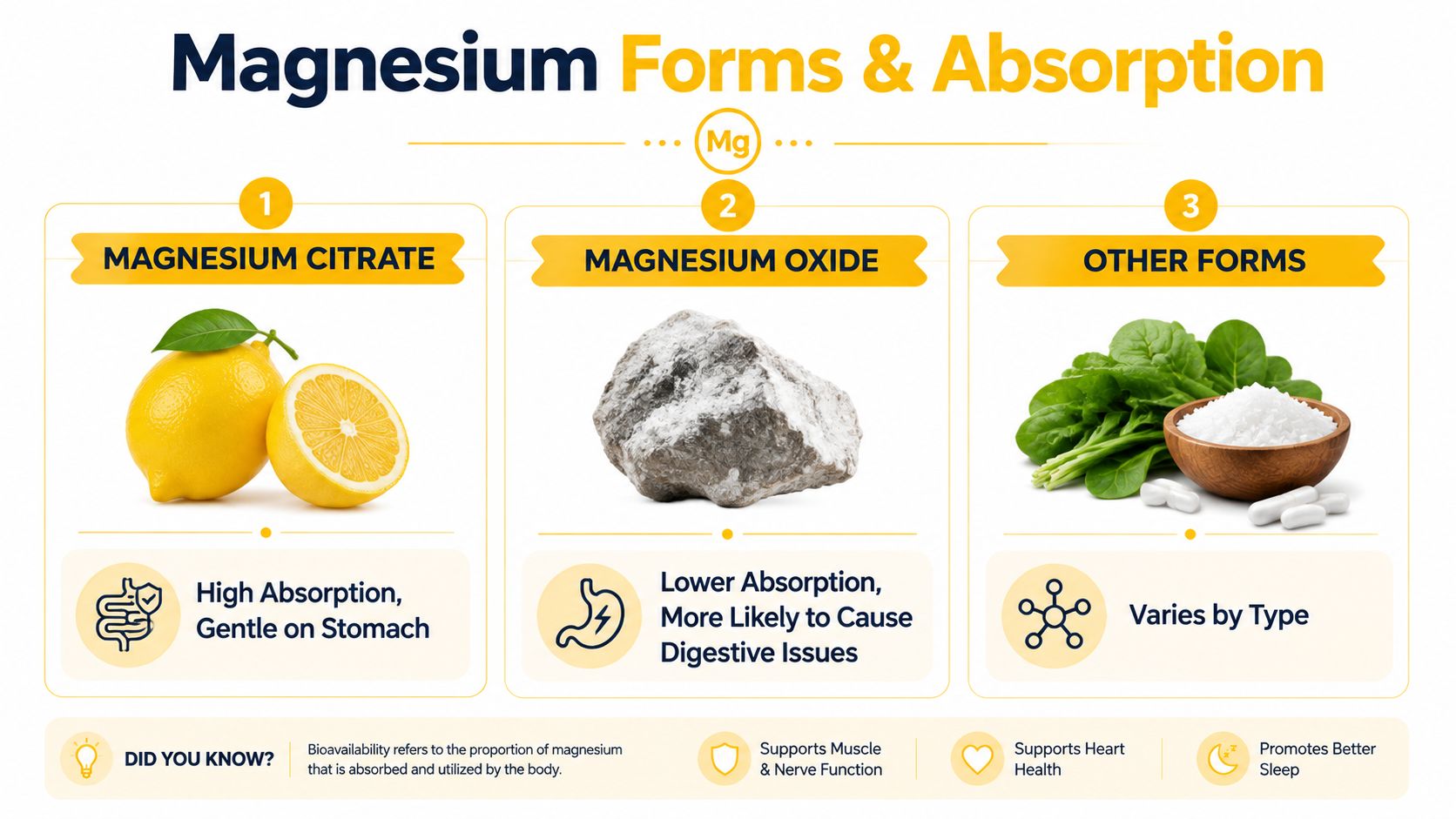 An infographic comparing different forms of magnesium supplements, including citrate, oxide, and others, with absorption details.