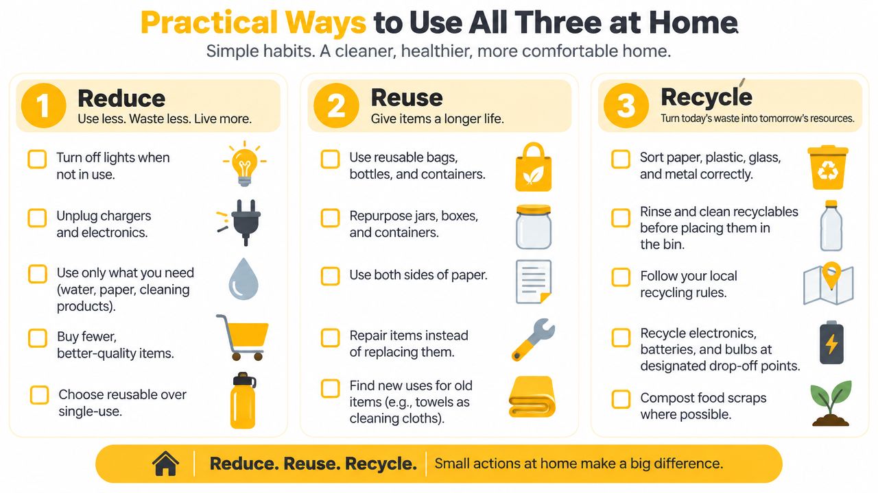 A guide illustrating practical daily habits at home for reducing, reusing, and recycling to protect the environment.