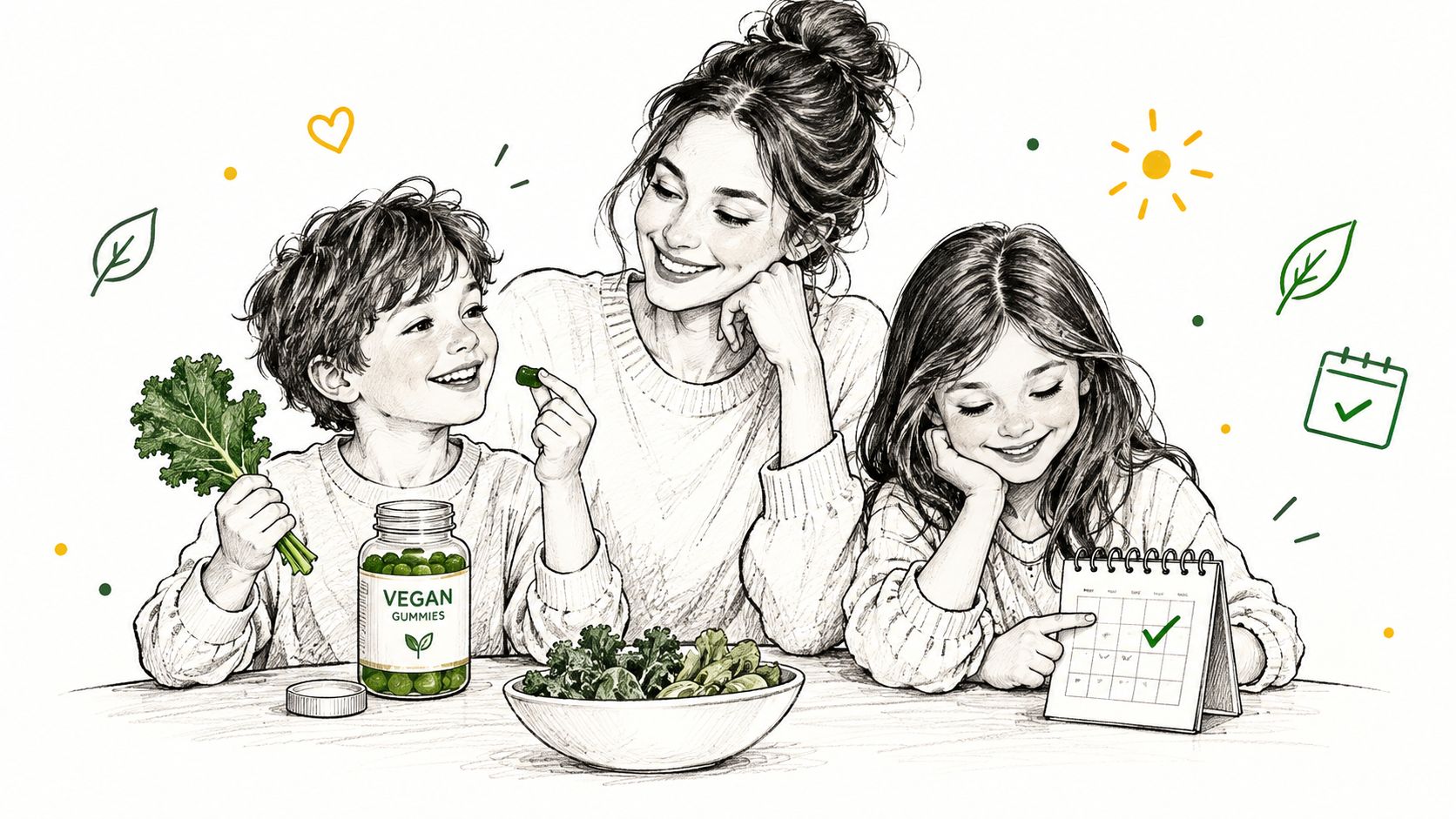 A mother and her two children smiling while taking plant-based vegan gummies with fresh kale leaves.