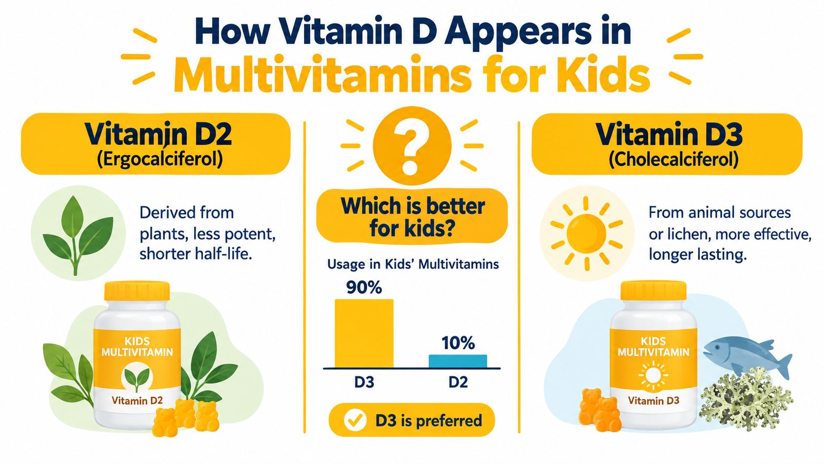 A comparative infographic showing the differences between Vitamin D2 and Vitamin D3 in kids' multivitamins.