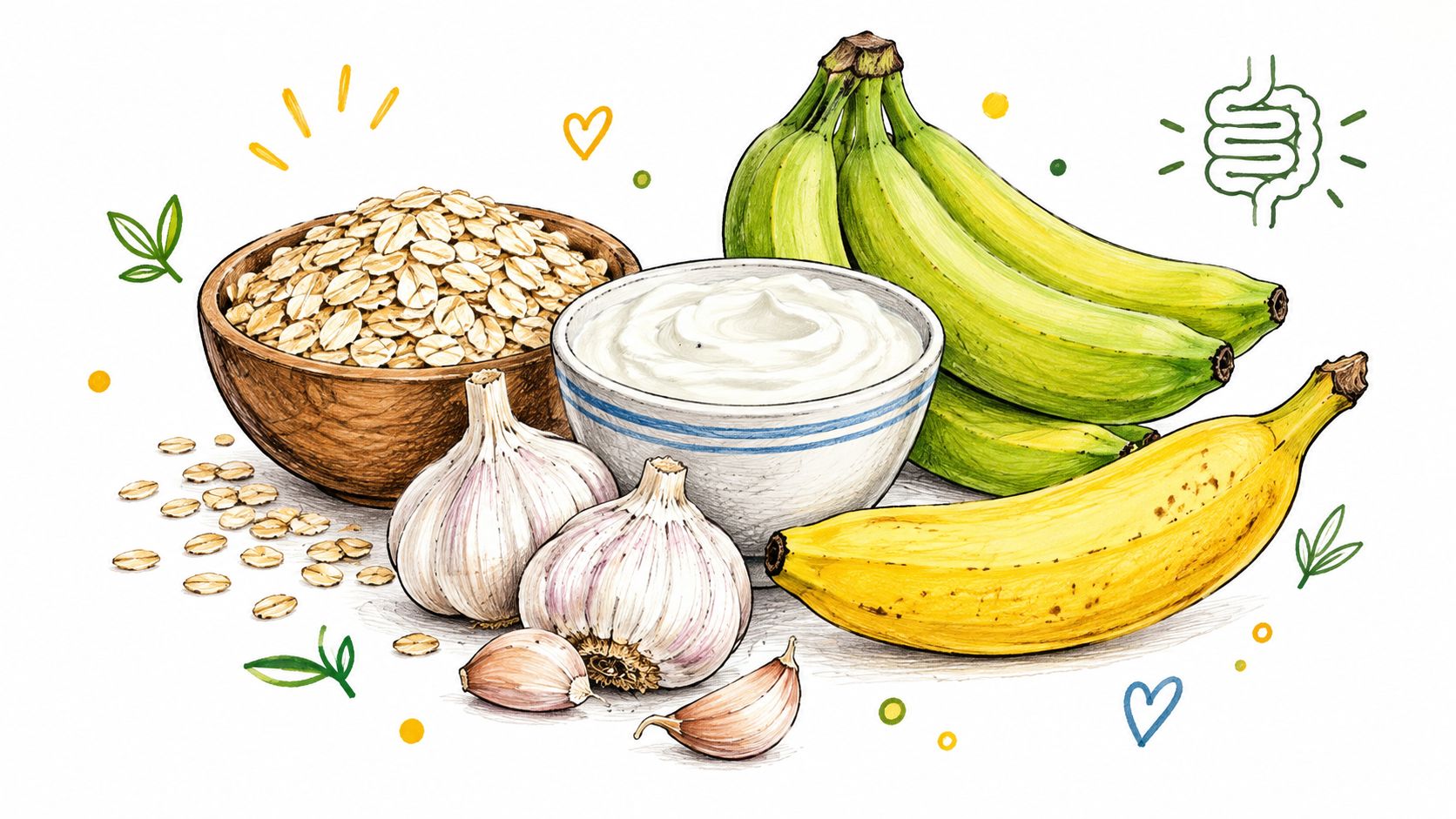 A hand-drawn illustration depicting prebiotic foods including oats, bananas, garlic, and a bowl of yogurt.