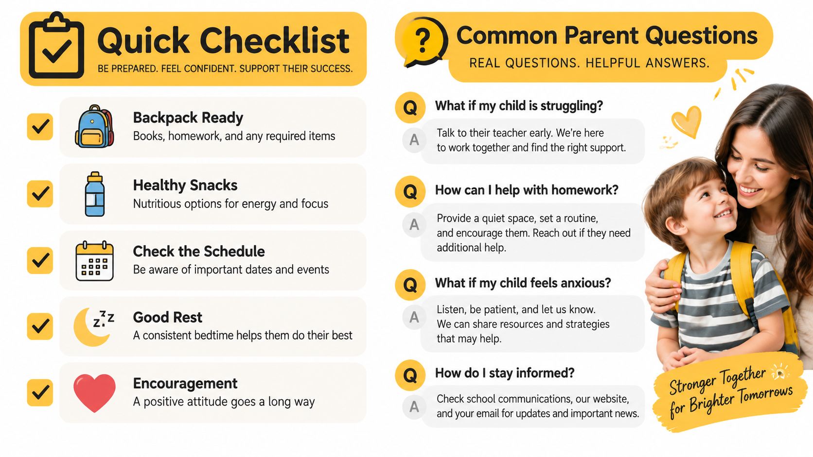 A helpful educational infographic for parents featuring a back-to-school checklist and common questions with answers.