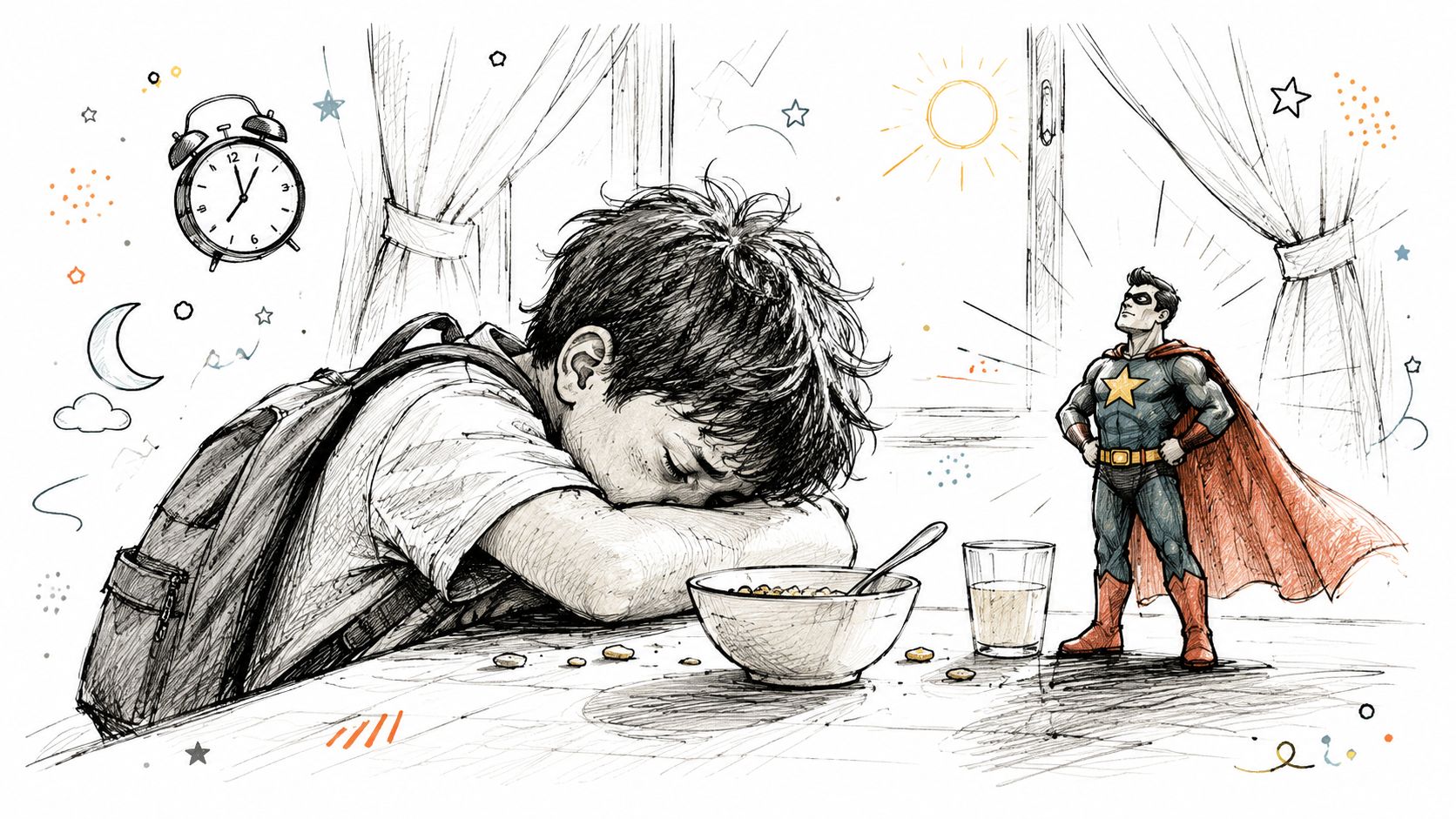 A tired child with a backpack rests head on a table next to a bowl of cereal.