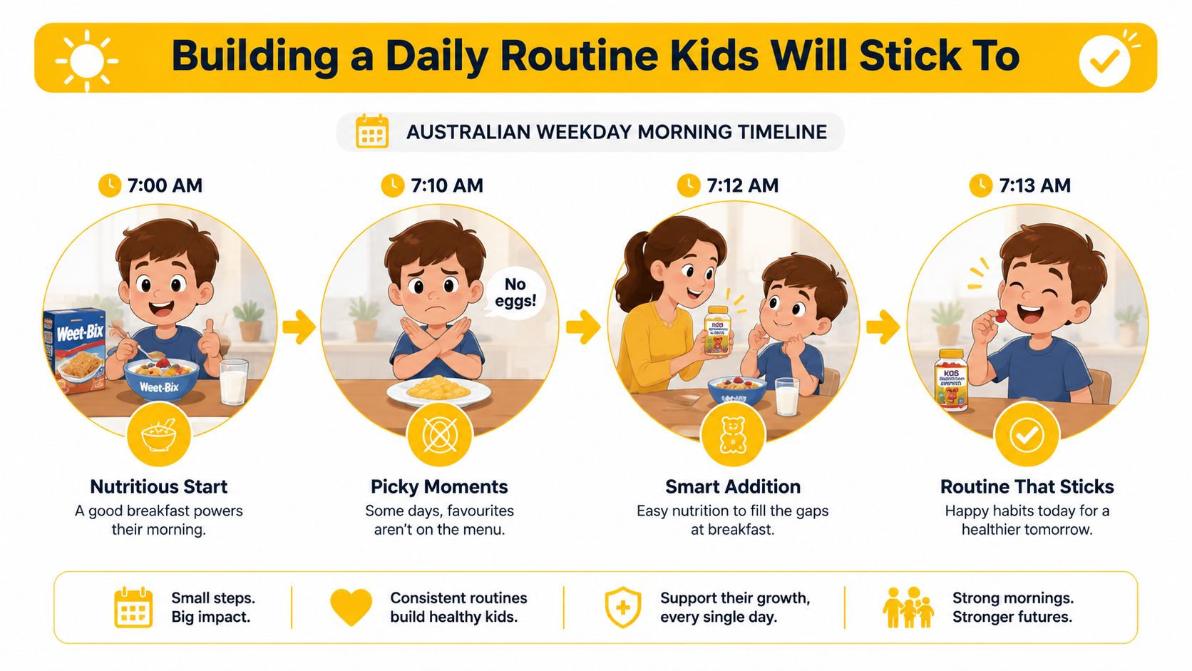 An infographic illustrating a healthy morning routine for children featuring breakfast and multivitamin supplements.