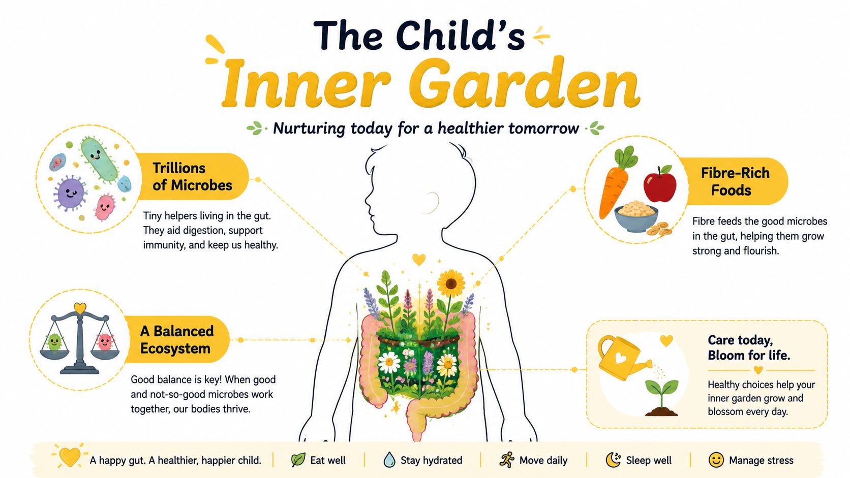 An infographic titled The Child's Inner Garden explaining how gut health, microbes, and fiber support children's growth.