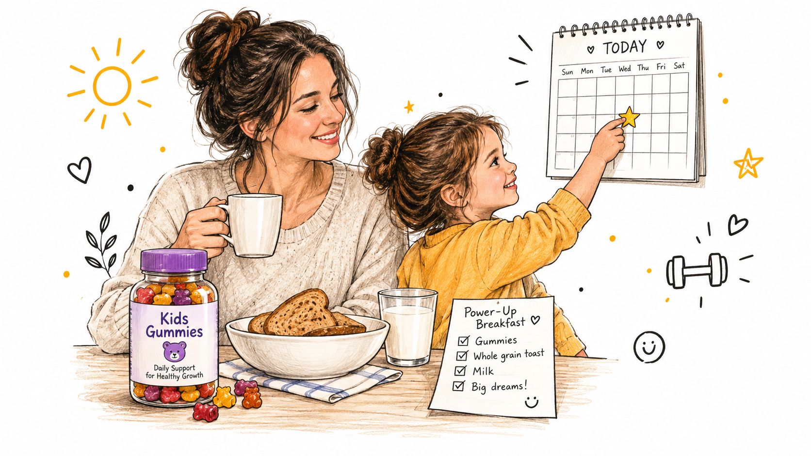 A mother and daughter sharing a healthy breakfast, checking a calendar and taking kids gummies together.