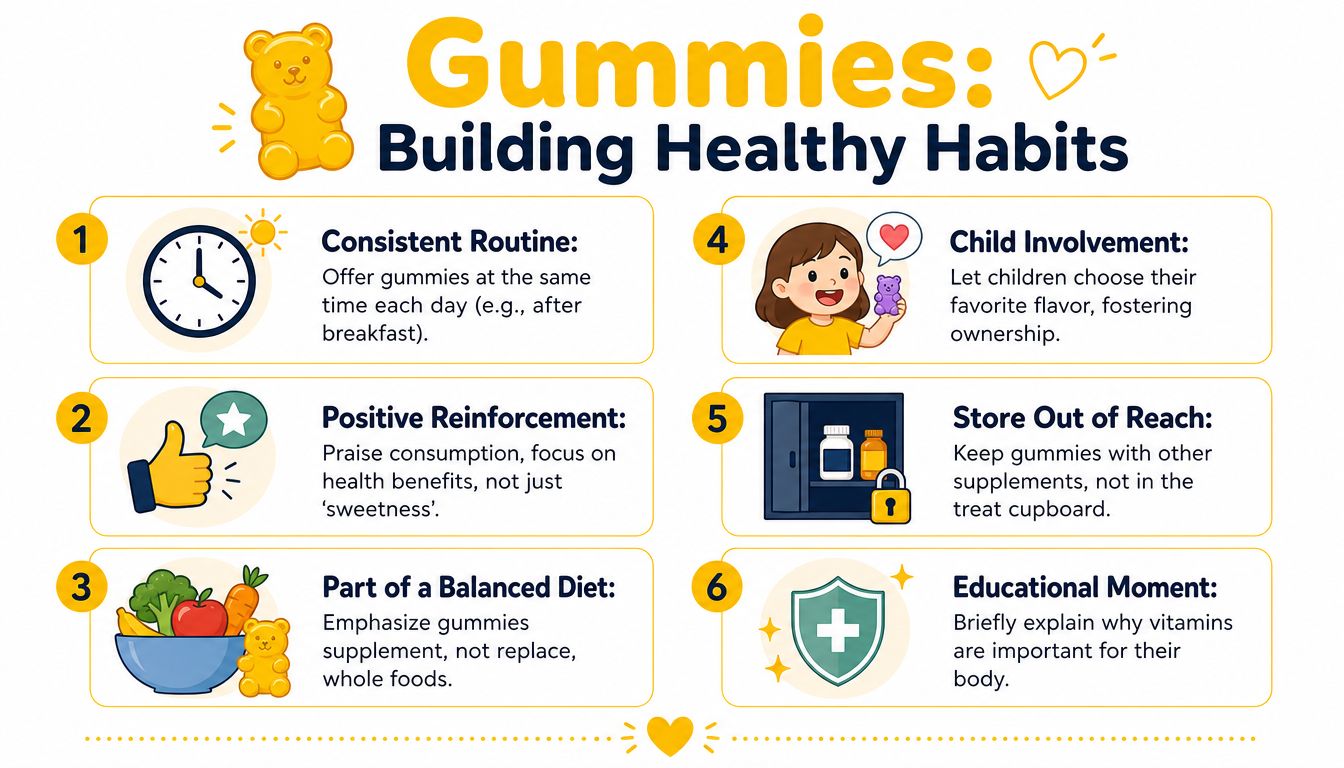 An infographic titled Gummies Building Healthy Habits with six numbered tips for giving children vitamin gummies.