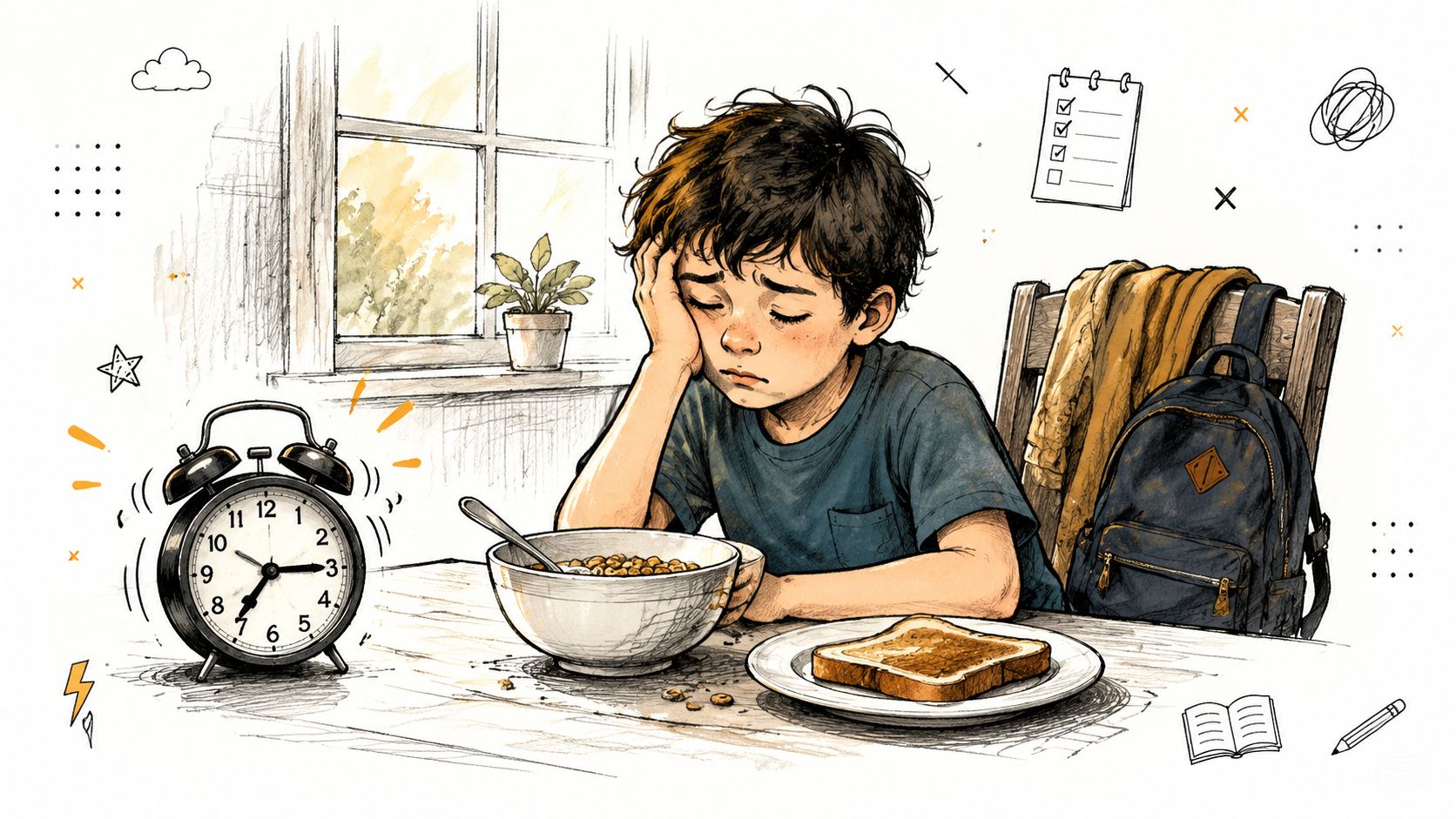 A tired, sleepy boy sitting at the breakfast table with a bowl of cereal and toast.