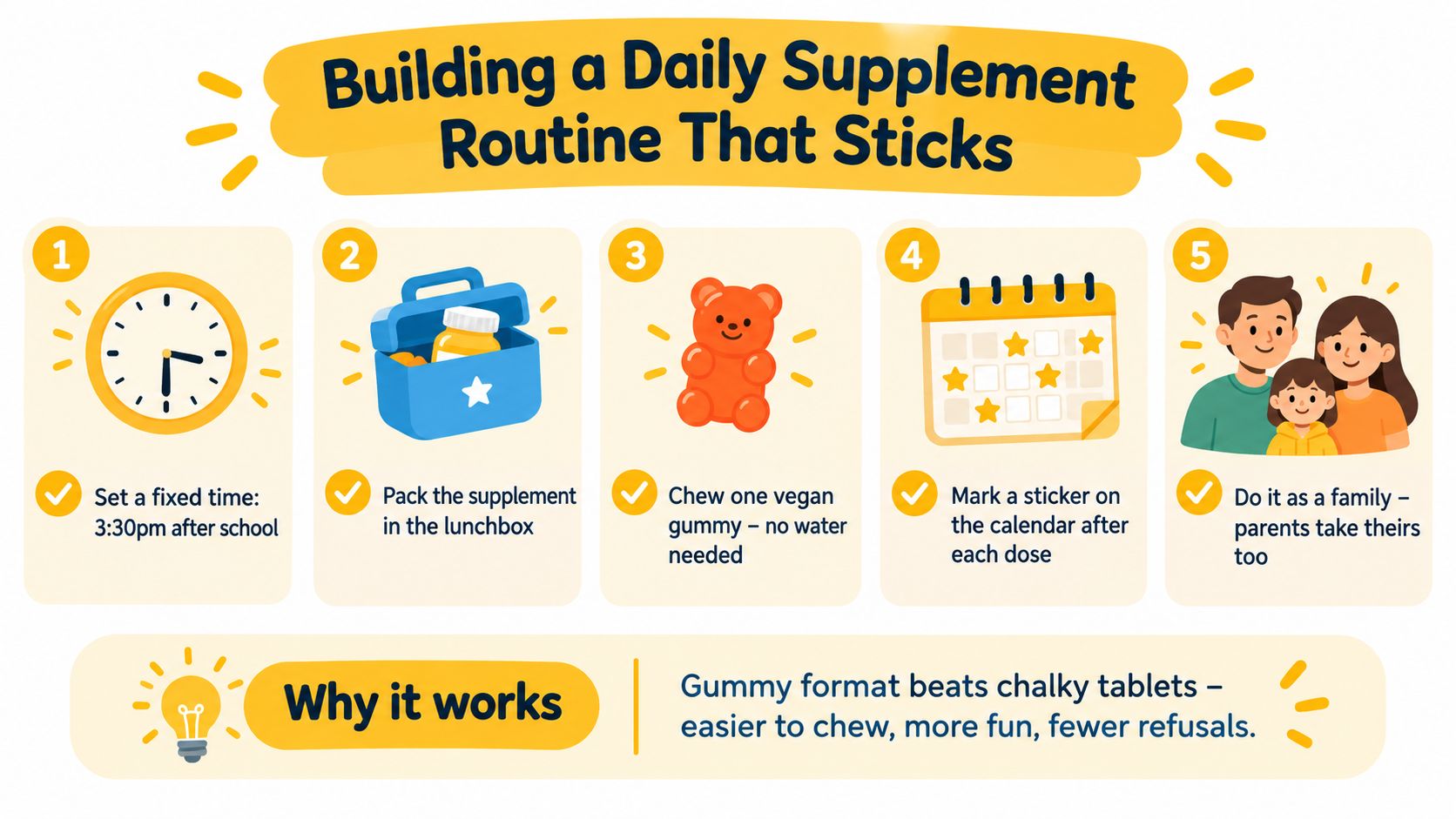 An infographic showing five simple steps for establishing a daily child vitamin supplement routine successfully.