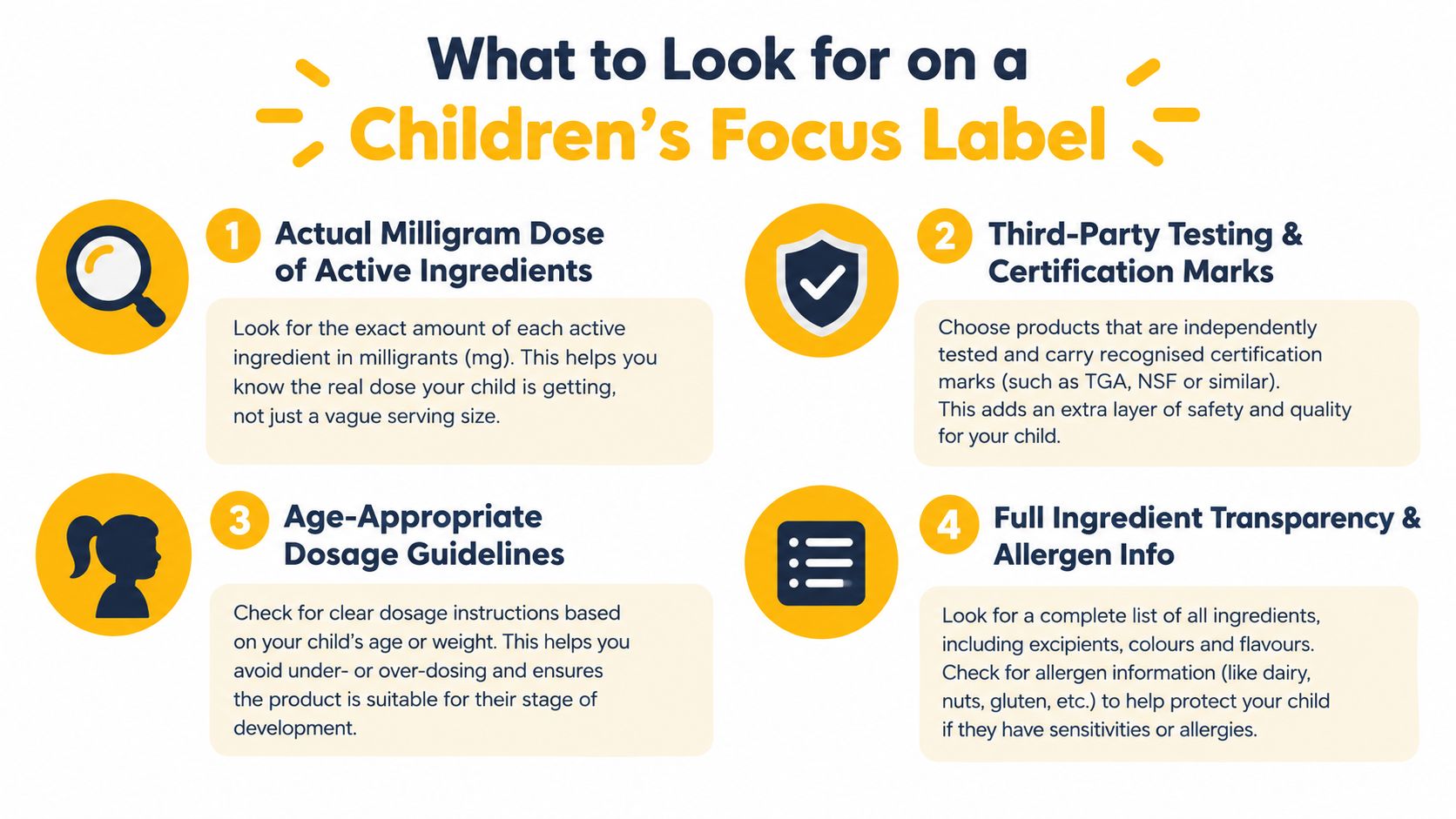An infographic titled What to Look for on a Children's Focus Label outlining four key safety guidelines.