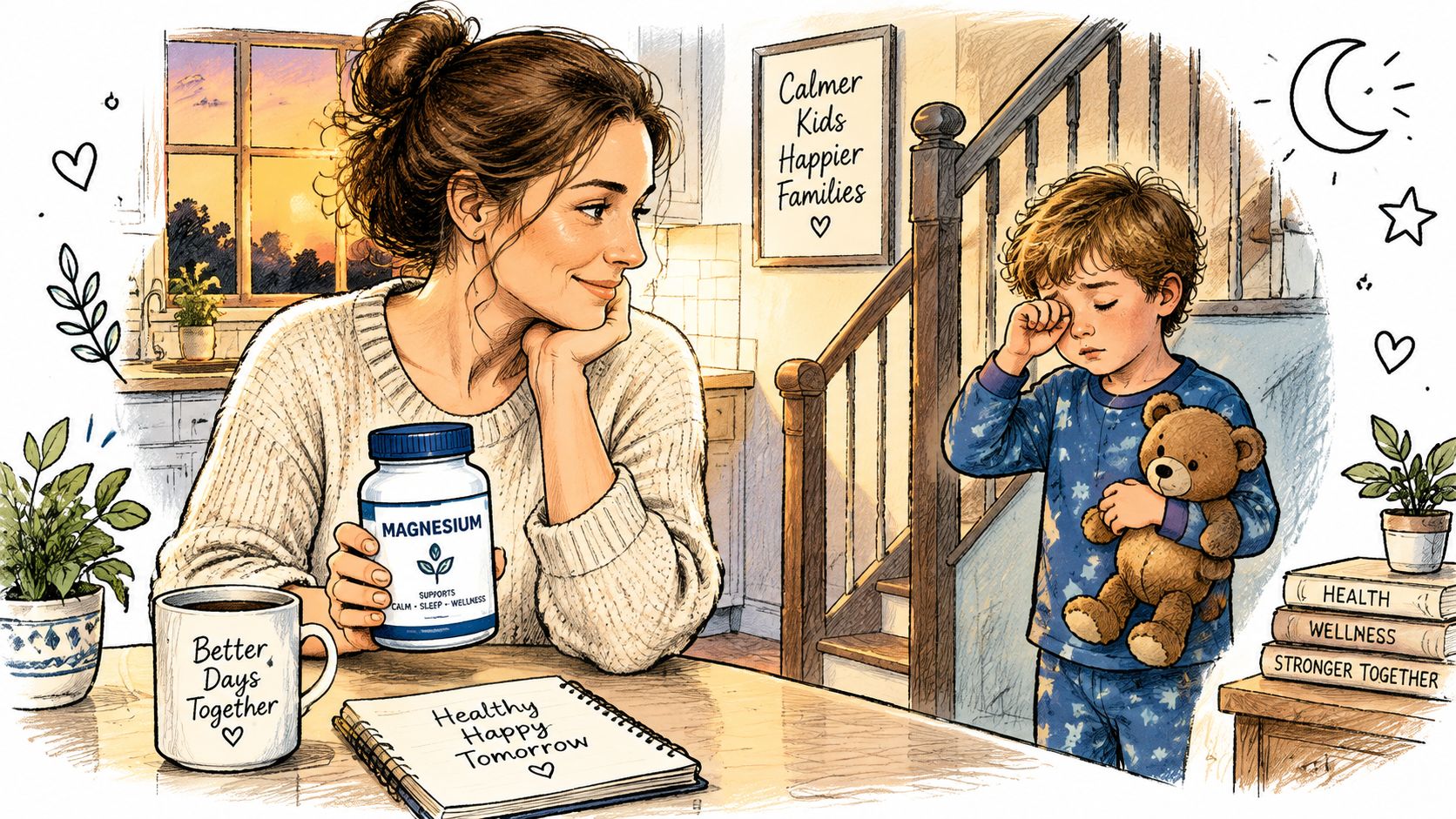 A caring mother holding a bottle of magnesium while comforting a tired, sleepy child holding a teddy bear.