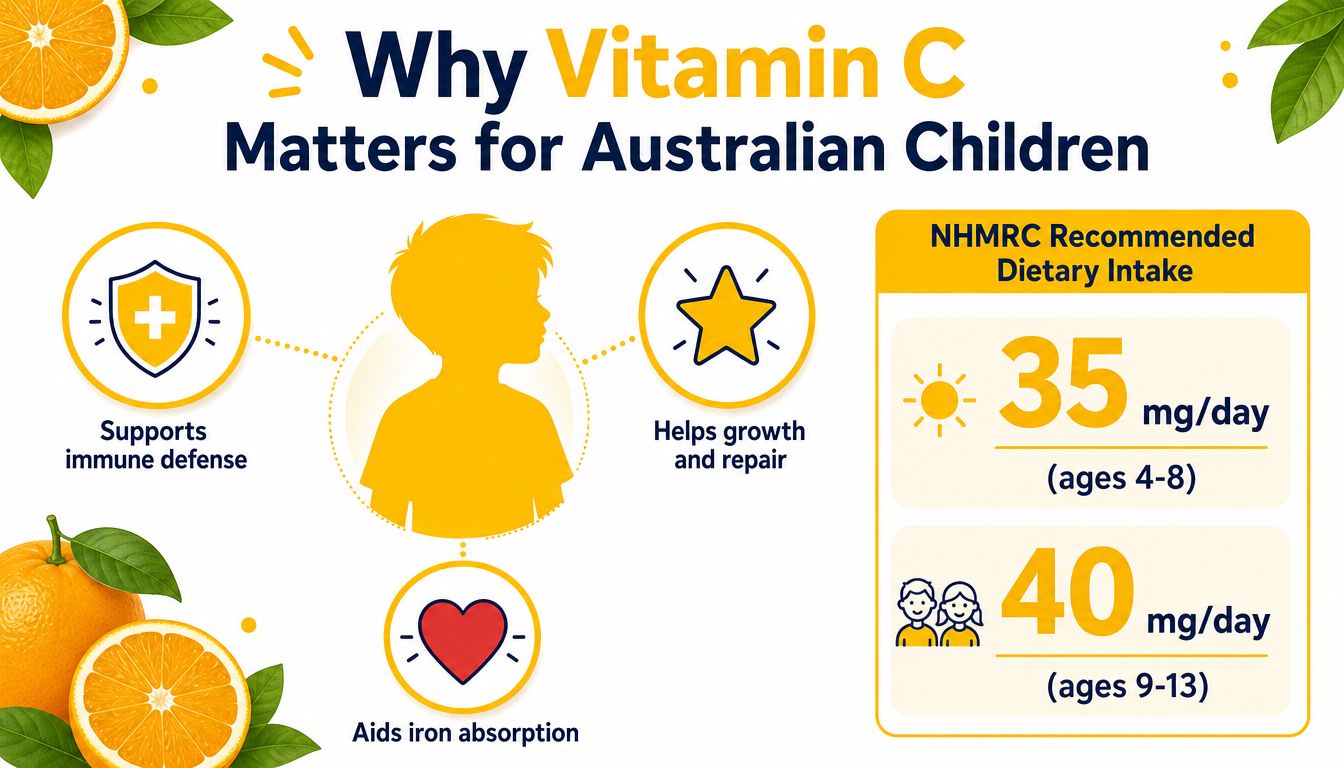 An infographic detailing the benefits of Vitamin C for children and recommended daily intake amounts.