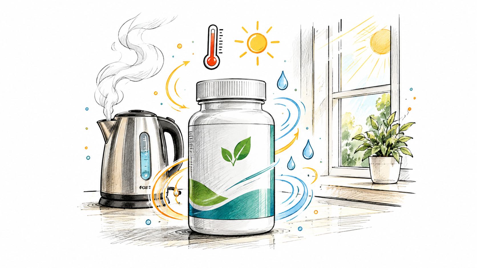 A conceptual illustration showing a vitamin bottle exposed to heat from a kettle and sunlight near a window.