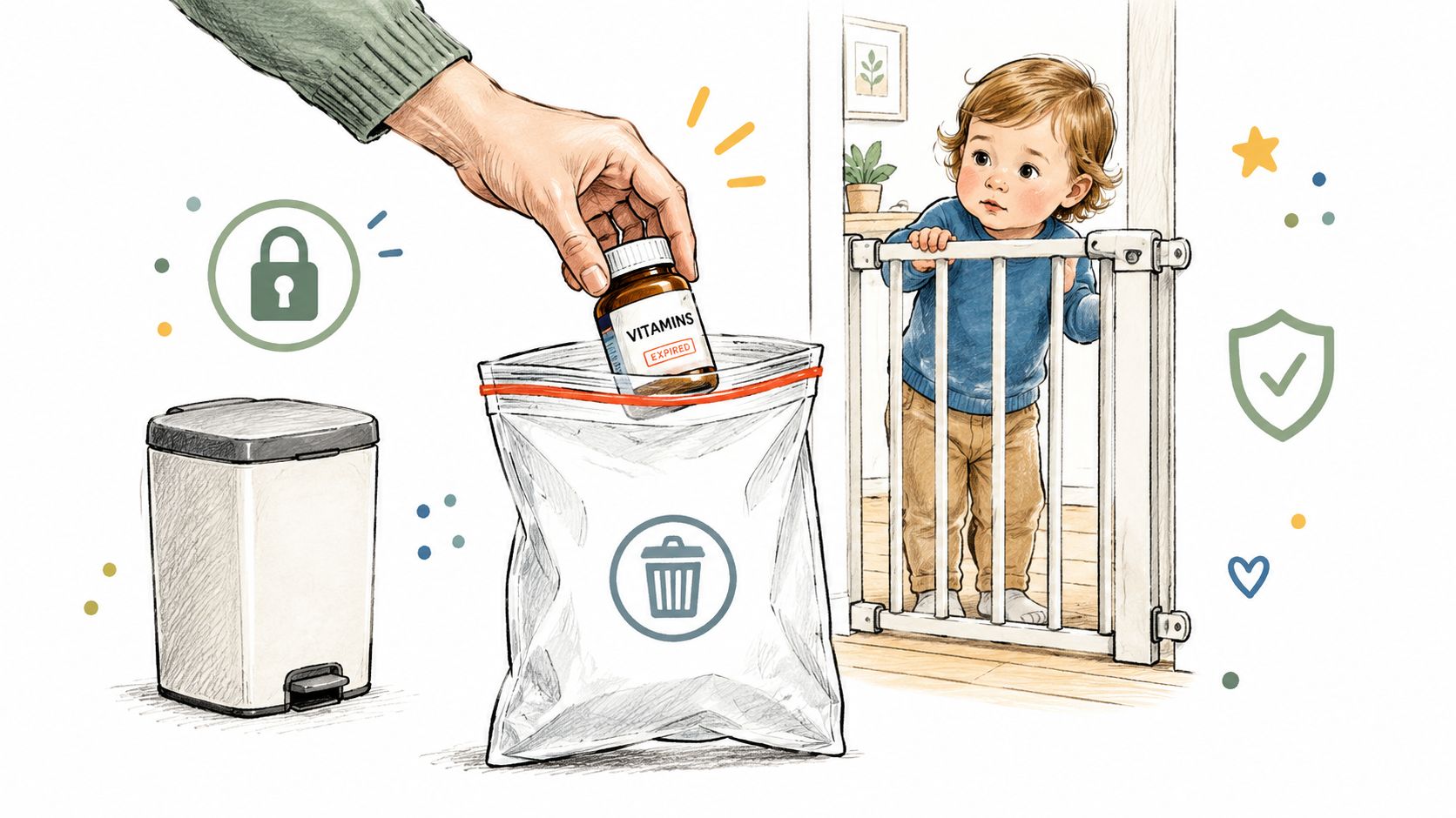 A hand placing an expired vitamin bottle into a disposal bag as a child watches safely behind a gate.