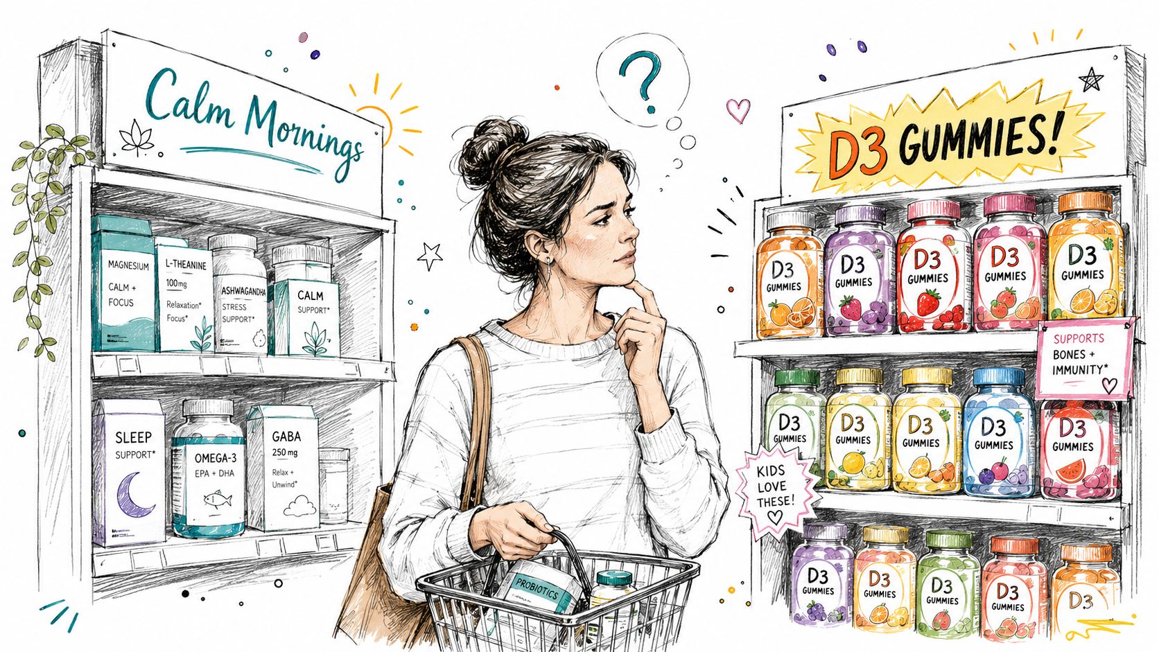 A woman shopping in a store comparing calm morning supplements with a shelf of Vitamin D3 gummies.