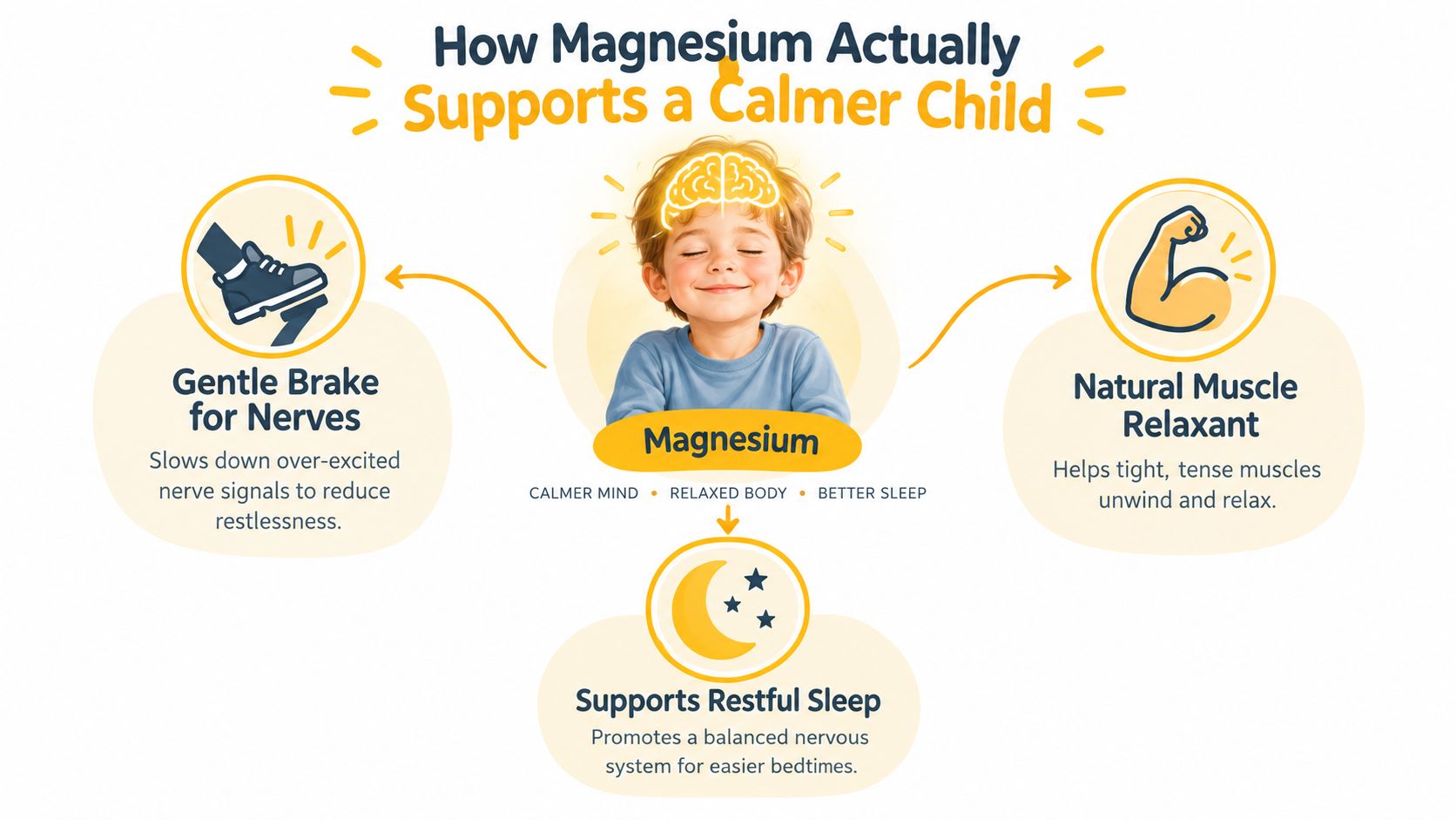 An infographic illustrating how magnesium promotes a calmer child by relaxing muscles, soothing nerves, and improving sleep.