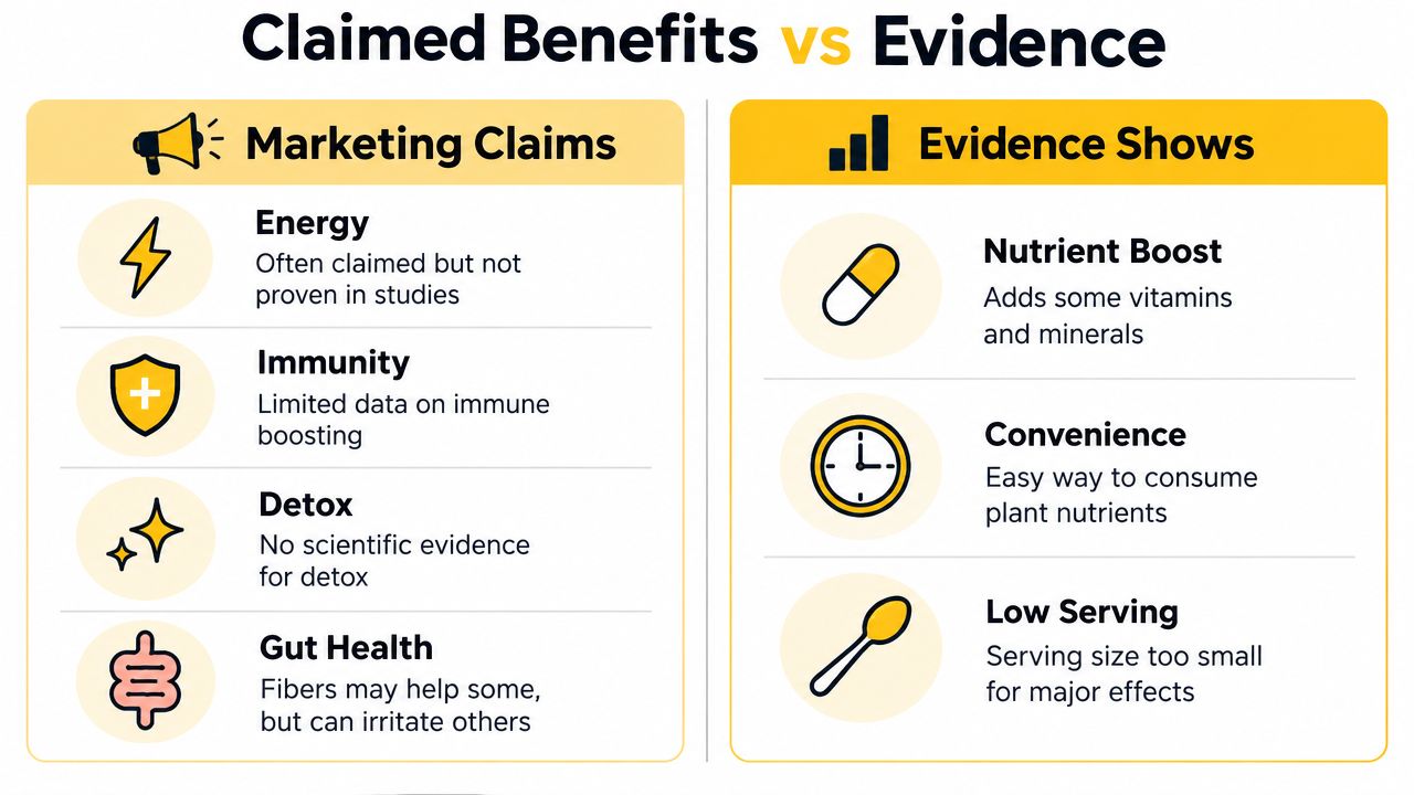 A comparison chart showing marketing claims of superfood powders versus scientific evidence for their actual health benefits.