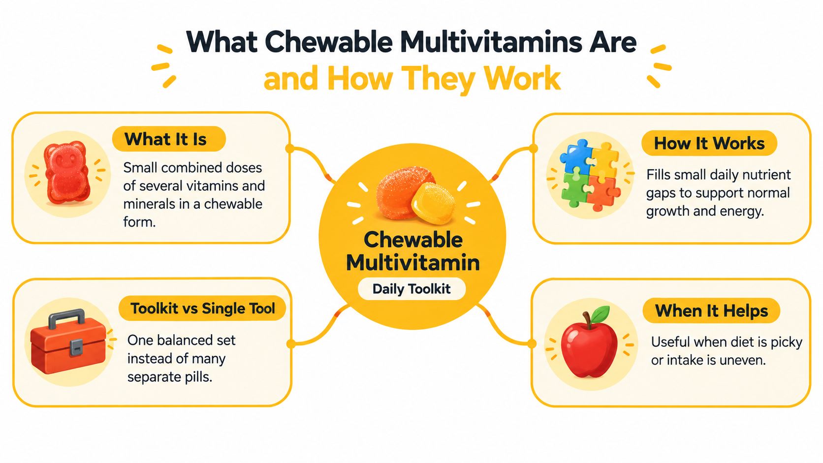 An infographic explaining how chewable multivitamins work as a daily nutrient toolkit for children.