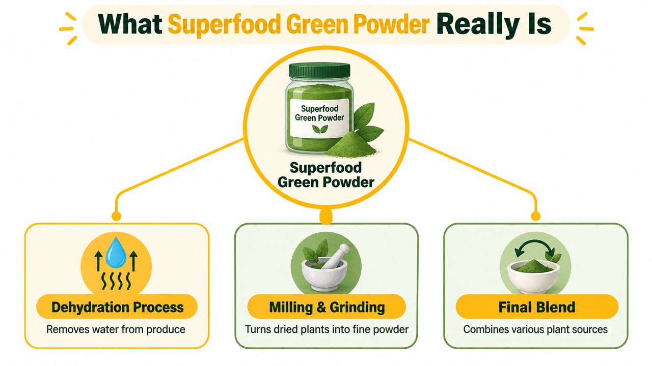 An infographic showing the three steps to make superfood green powder: dehydration, milling, and blending.