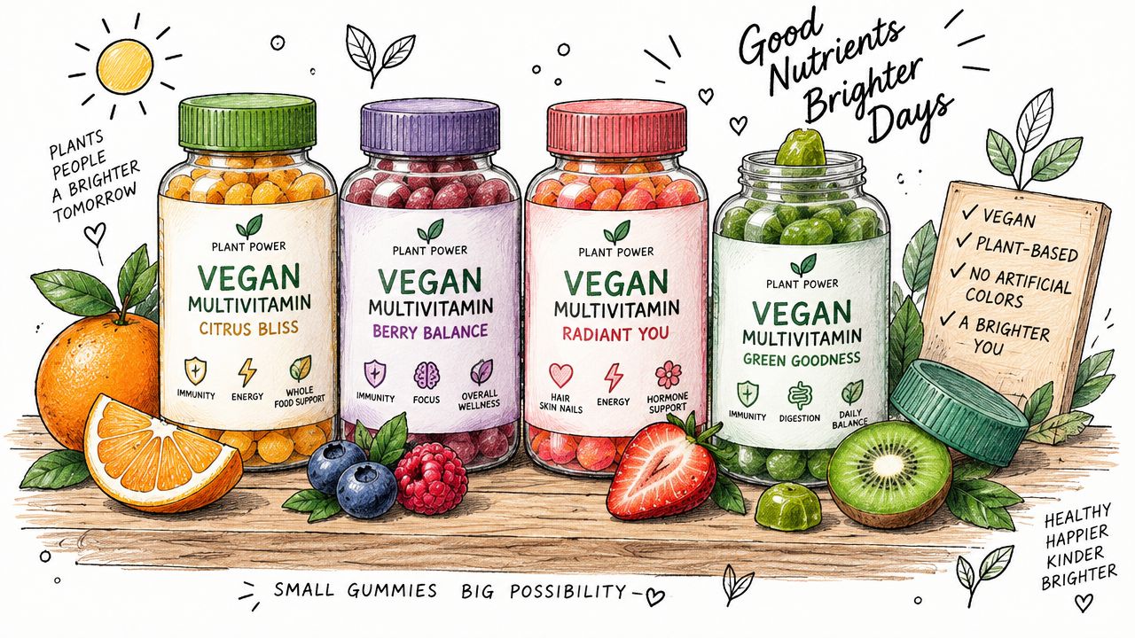 A hand-drawn illustration featuring four colorful jars of plant-based vegan multivitamins arranged on a wooden table.