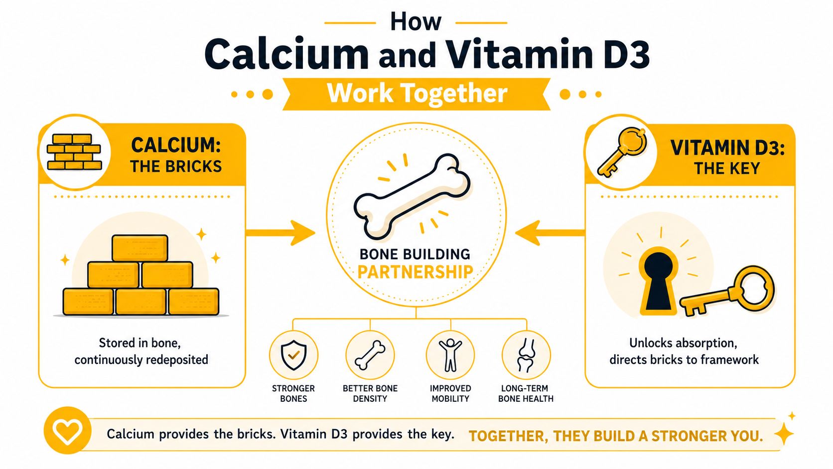An infographic illustrating how calcium acts as bricks and vitamin D3 acts as a key for healthy bones.