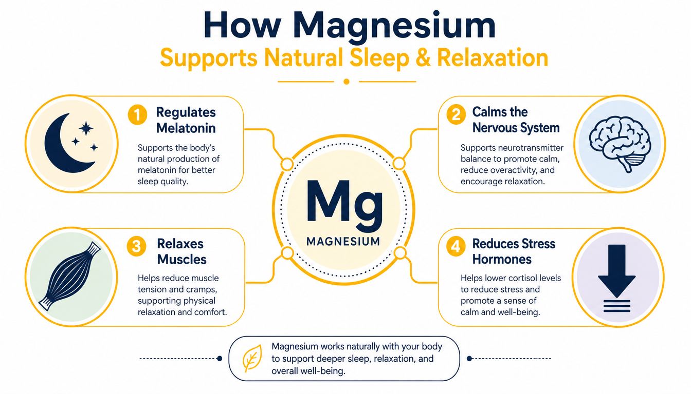 An infographic showing four key ways magnesium supports natural sleep and relaxation in the human body.