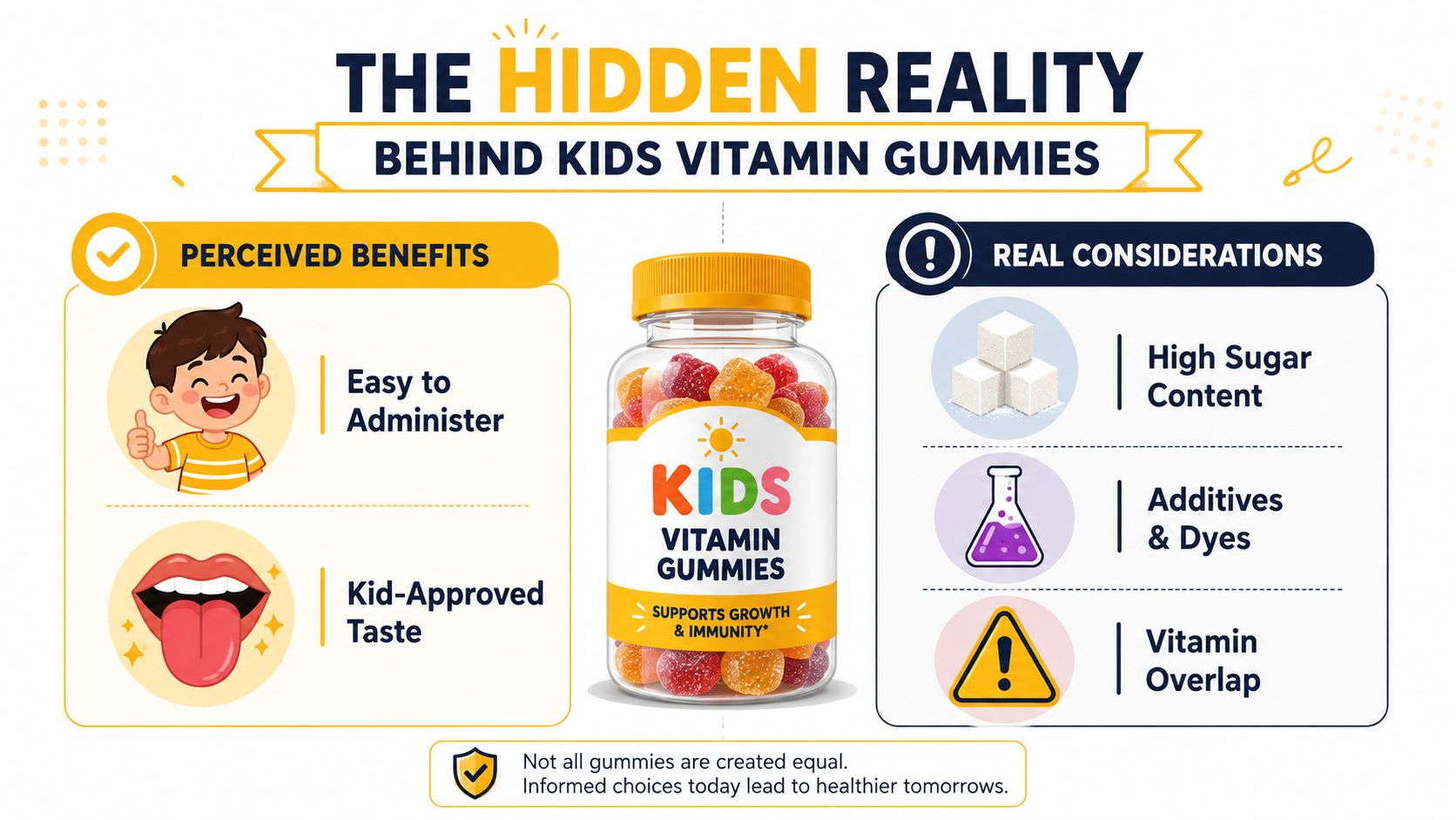 An infographic comparing the perceived benefits and hidden real considerations of giving kids vitamin gummies.