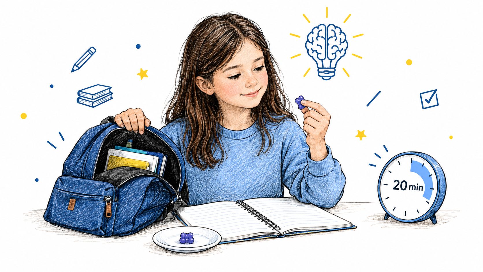 A young girl with a blue sweater studying at a desk with a backpack and timer.