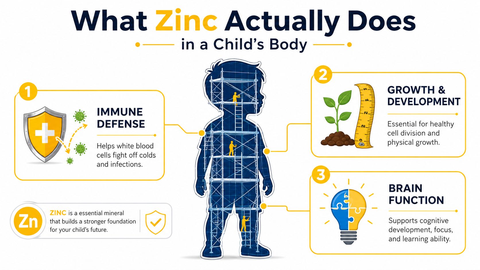 An infographic showing how the essential mineral zinc supports immune defense, physical growth, and brain function in children.