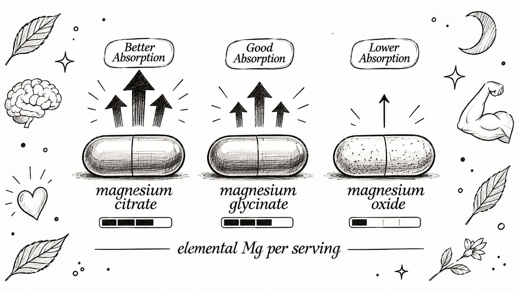 A diagram comparing the absorption levels and elemental magnesium content of magnesium citrate, glycinate, and oxide supplements.