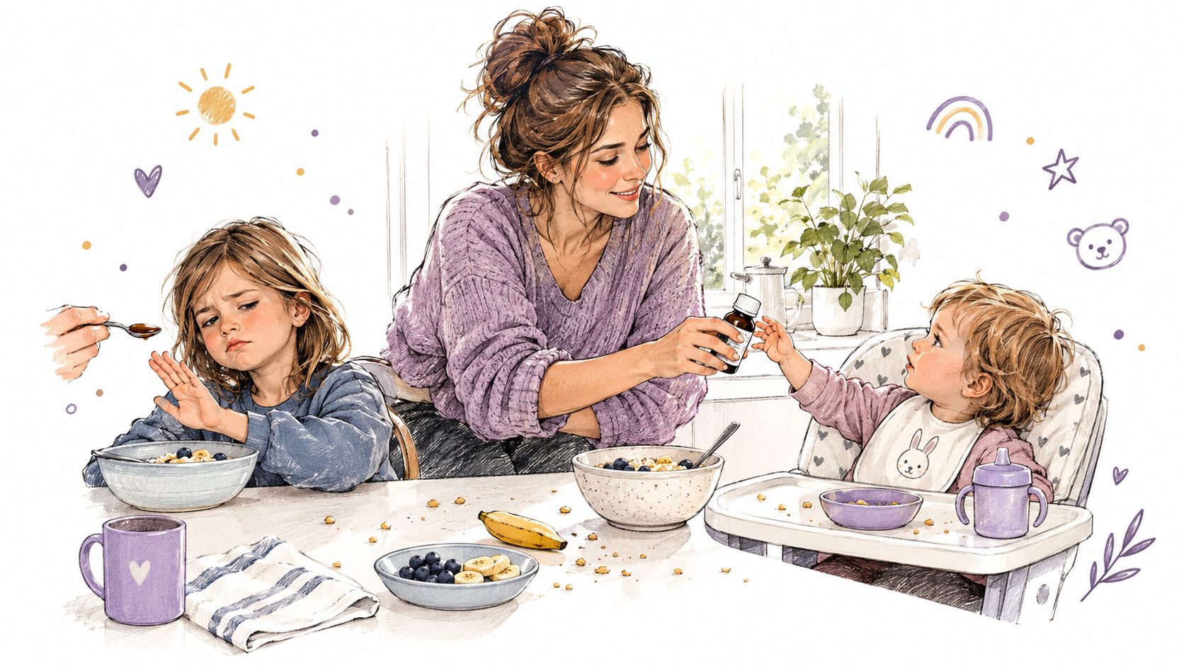 A mother caring for her two children at the breakfast table with a bottle of liquid supplement.