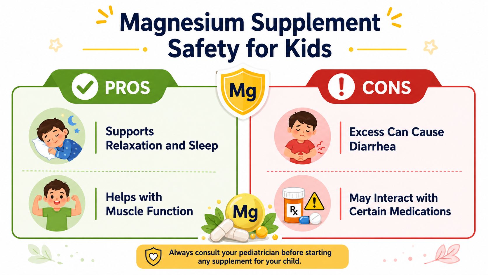 A safety infographic for kids showing pros and cons of magnesium supplements with child illustrations.