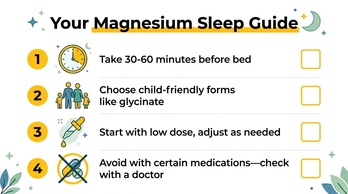 An infographic showing four steps for using magnesium as a sleep aid for children.