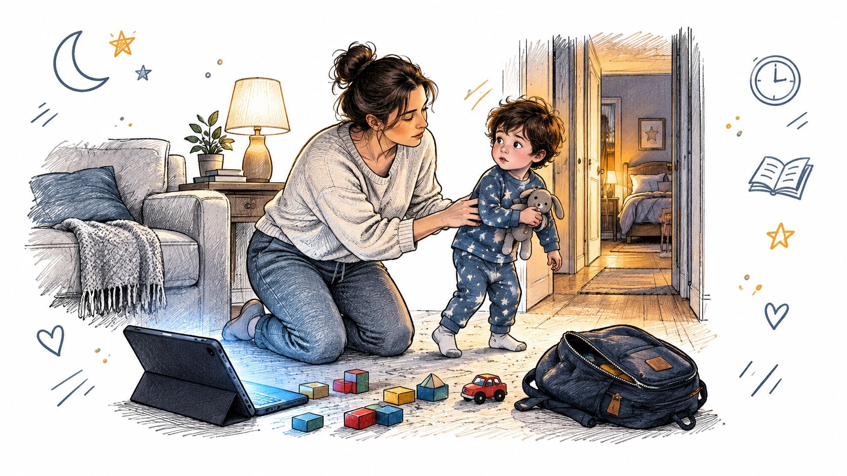 A mother kneeling on the floor, helping her toddler get ready for bed while a tablet glows nearby.