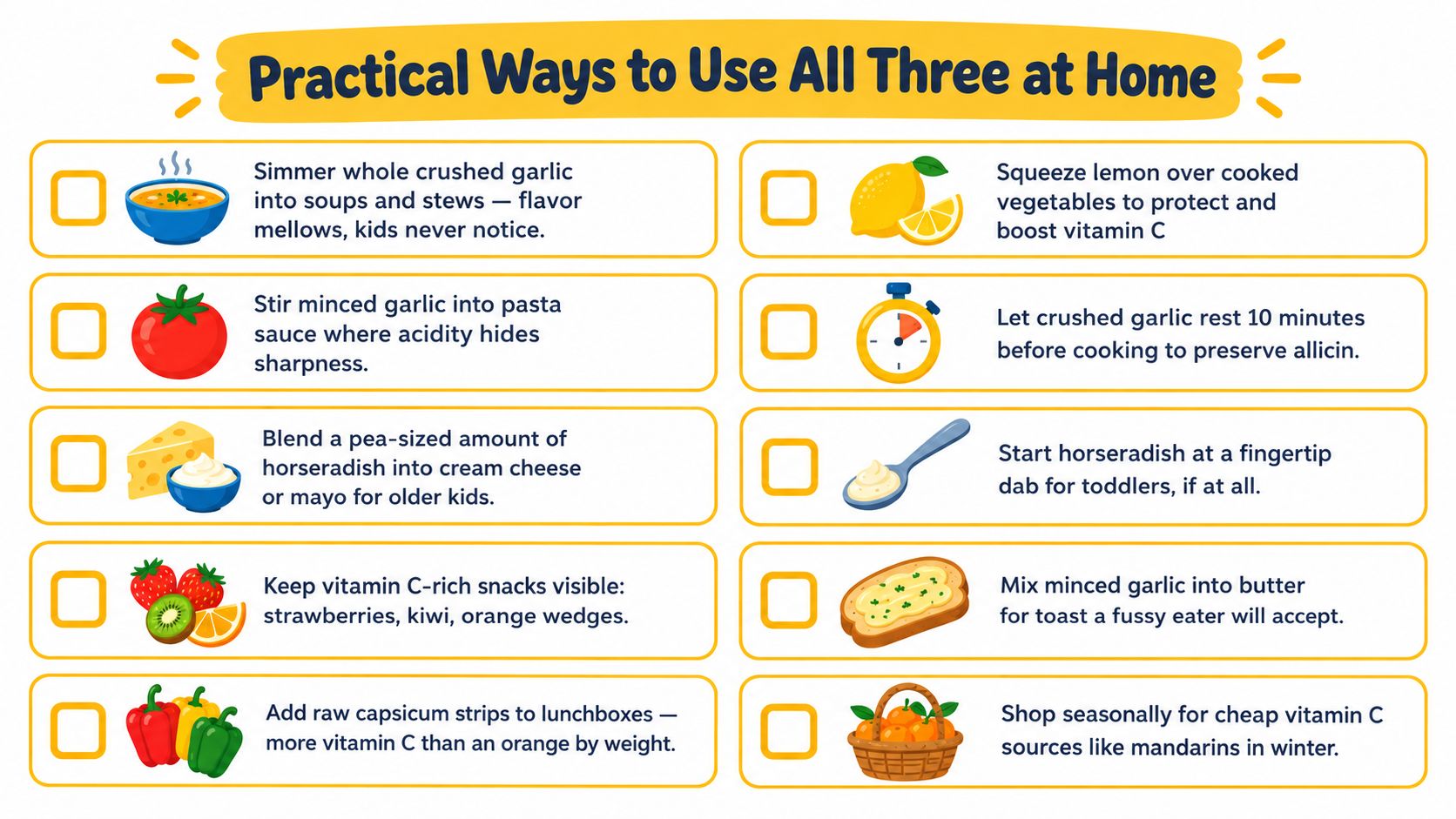 A checklist titled Practical Ways to Use All Three at Home illustrating tips for incorporating garlic, horseradish, and vitamin C.