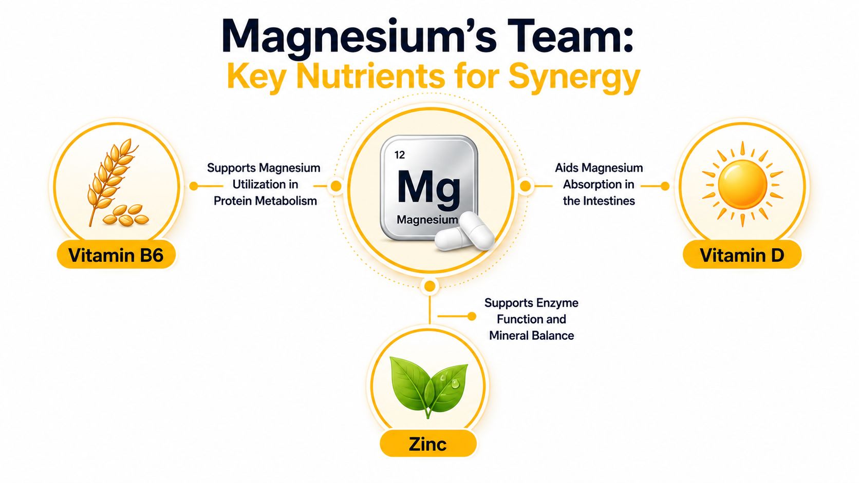 An infographic showing the synergistic relationship between magnesium supplements and key nutrients Vitamin B6, Vitamin D, and Zinc.