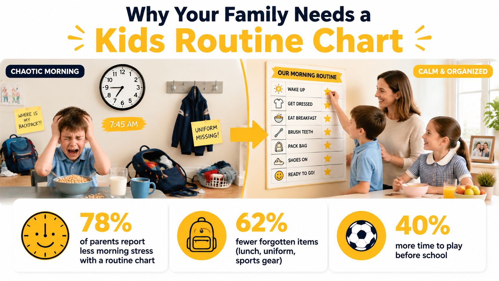 A comparison showing a chaotic morning for a child versus a calm, organized routine with a chart.