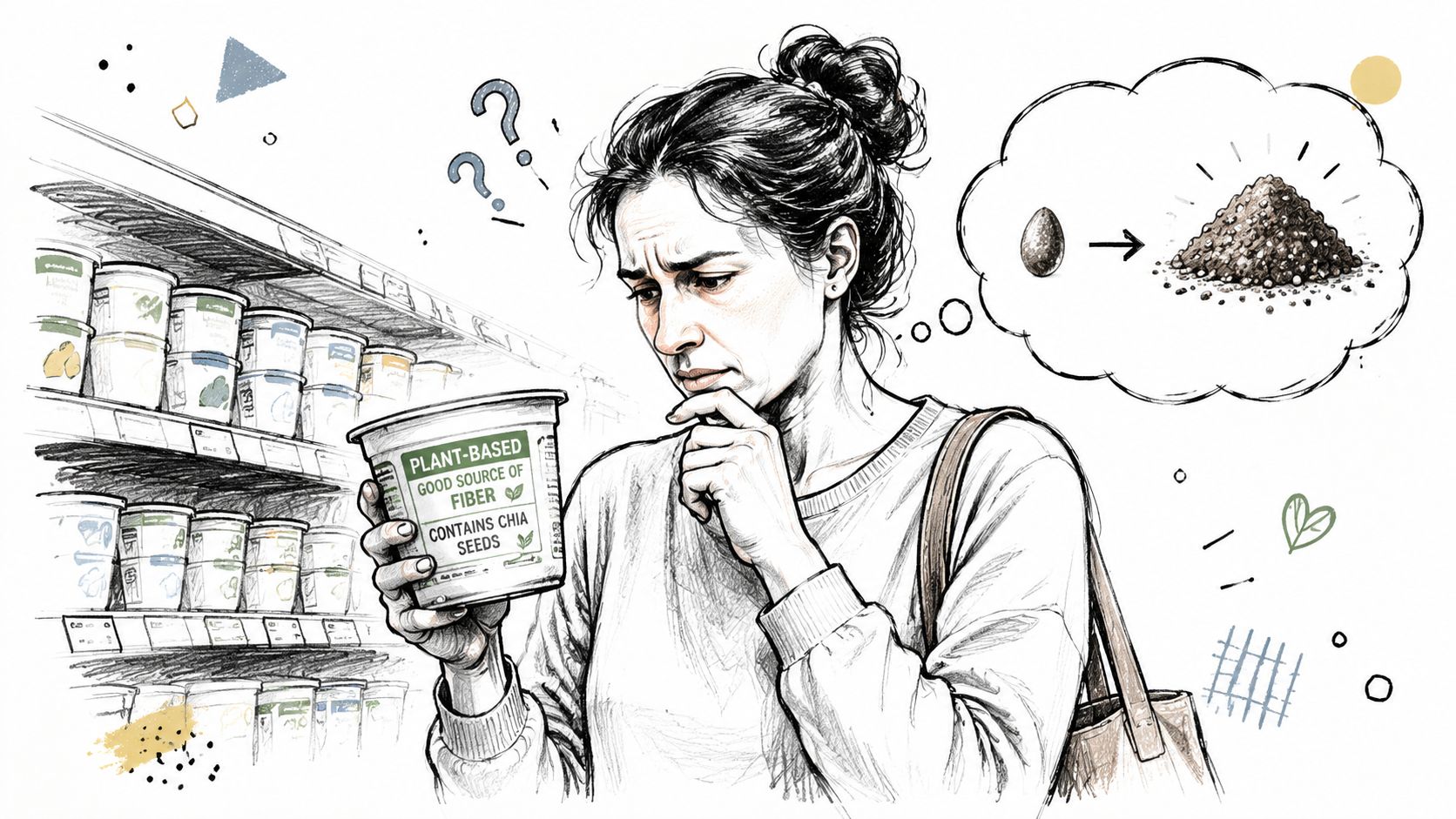 A concerned woman in a supermarket aisle holding a container while thinking about the source of chia seeds.
